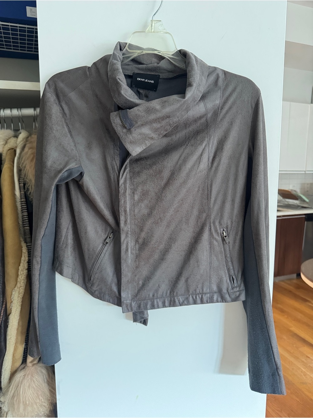 Dkny Grey Suede-Look Asymmetric Zip Jacket